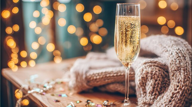 A champagne flute with golden bubbles on a wooden table beside a cozy blanket and festive confetti.