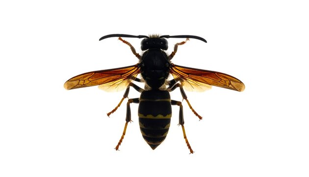 A detailed top-down view of a solitary wasp with transparent wings, on a clean white background
