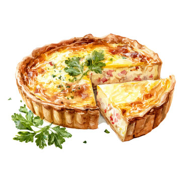 Quiche Lorraine in watercolor painting style, vector illustration on white background.