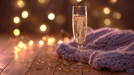 A champagne flute with golden bubbles on a wooden table beside a cozy blanket and festive confetti.