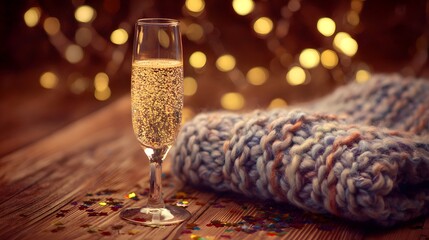 A champagne flute with golden bubbles on a wooden table beside a cozy blanket and festive confetti.