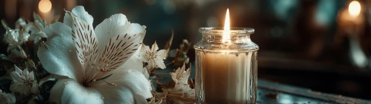 Burning candle in glass jar with white lily flower petals and bokeh background.