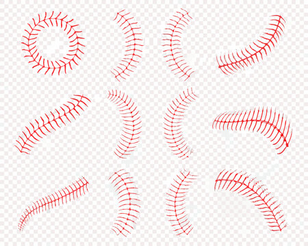 Red baseball stitching patterns arranged in various shapes and curves on transparency
