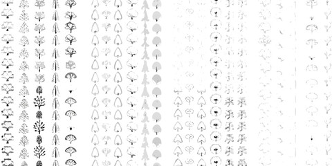 An assortment of hand drawn trees and leafy branches in grayscale tones