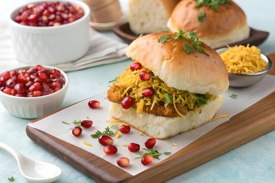 Beautifully assembled dabeli with red masala pomegranate sev and soft pav on a clean pastel background in a modern food commercial style - AI Generated