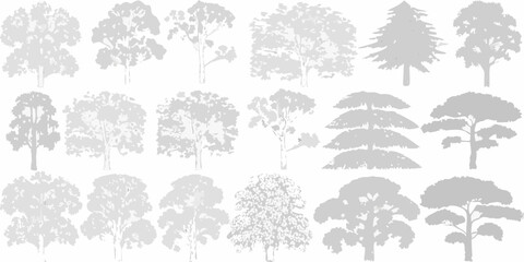 A collection of grayscale tree silhouettes with varied shapes and sizes © RanjanKumar