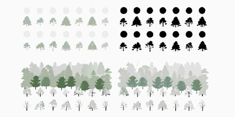 Variations of tree silhouettes grayscale and black from simple to complex forms