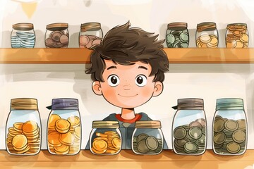 Smiling cartoon boy surrounded by jars full of coins, teaching the concept of saving money and financial literacy for kids.