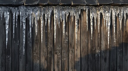 Fototapeta premium Frozen Wooden Fence with Icicles in Winter