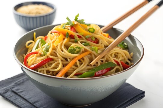 Stylish bowl of hakka noodles with vibrant vegetables and chopsticks arranged in a clean modern advertising composition - AI Generated