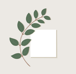 Minimalist vector illustration of green leafy branch paired with a blank card. Perfect for wedding invitations, greeting cards, eco-themes, and decorative elements. Clean background, modern aesthetic