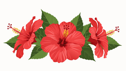 A vibrant illustration of three red hibiscus flowers with green leaves arranged in a decorative border. © Purnomo