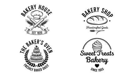 Fototapeta premium Collection of vintage bakery logo designs and badges with bread, cake, and cupcake icons - Retro bakery shop emblems set
