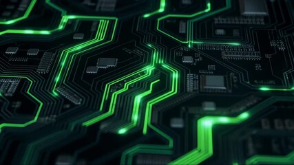 Futuristic circuit board with glowing green neon lines and microchips representing digital data flow and processing power - Powered by Adobe