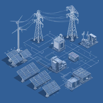 Distributed energy generation with sustainable power sources outline concept. Electricity distribution from alternative solar panels and wind turbines stored in central battery vector illustration.