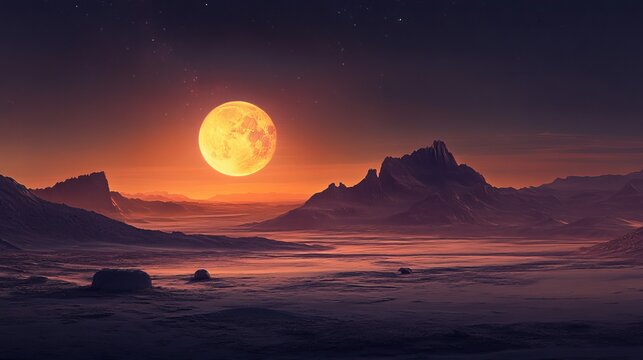 Majestic Supermoon Over Alien Mountain Landscape