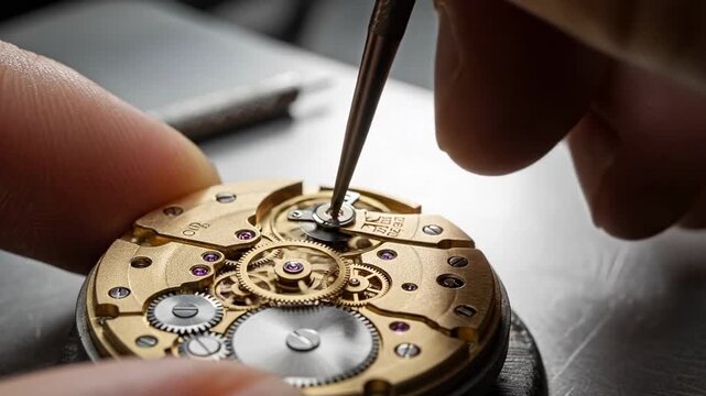 Close up of a watchmaker meticulously assembling a complex mechanical watch movement.