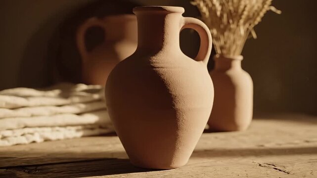 Close up of ancient clay amphora on a wooden table with dried wheat in the background.