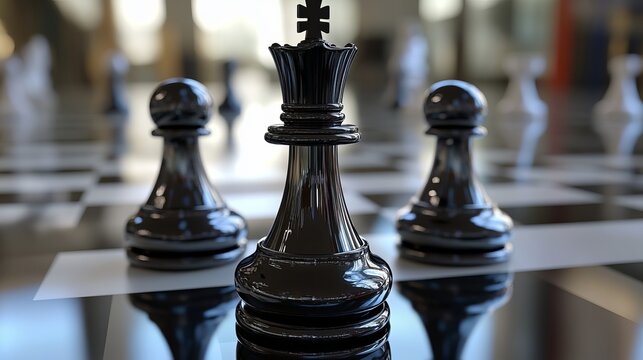 Close-Up of Black Chess King Piece on Chessboard