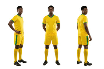 African male soccer player in yellow uniform front and side views isolated