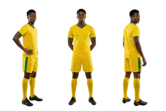 African male soccer player in yellow uniform front and side views isolated - Powered by Adobe