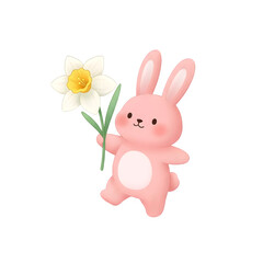 Obraz premium Pink cartoon bunny holding a daffodil isolated on transparent background