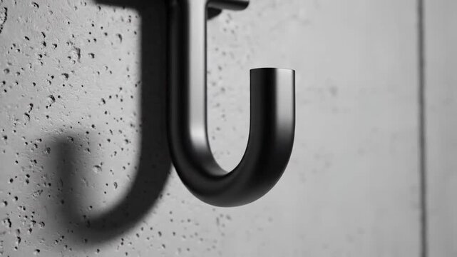 Close up of a modern black metal hook mounted on a textured concrete wall.