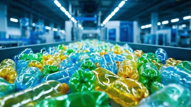 A large quantity of colorful plastic bottles are sorted on a conveyor belt at a recycling factory