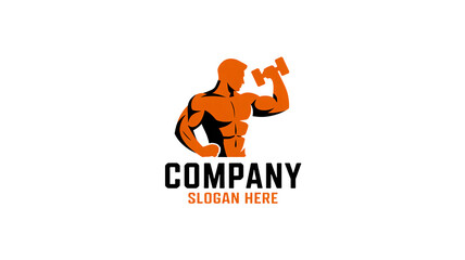 Muscular man lifting dumbbell logo template for fitness company with bold text and vibrant orange color scheme on white background