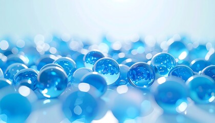 A closeup shows translucent blue gel beads with subtle highlights and soft focus, creating a calming, abstract effect