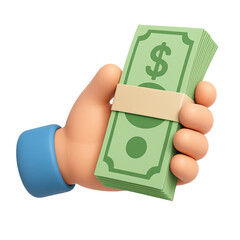 3d hand holding stack of green dollar bills with beige paper band isolated on transparent background.