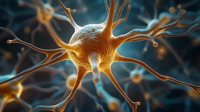 Ultra-pristine visualization of a human neuron with precise dendritic contours and soft luminous pathways, creating a clean cinematic neuroscience visual for brain health and neurotech.