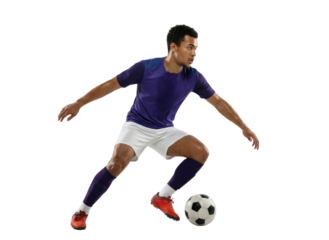 Soccer player in purple uniform dribbling ball isolated on white background