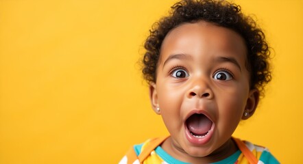 African American child with curly hair, wearing colorful outfit, expressing surprise and joy, against bright yellow background, capturing a moment of pure excitement and emotion