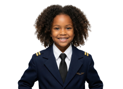 Smiling child wearing pilot uniform on white background - Powered by Adobe