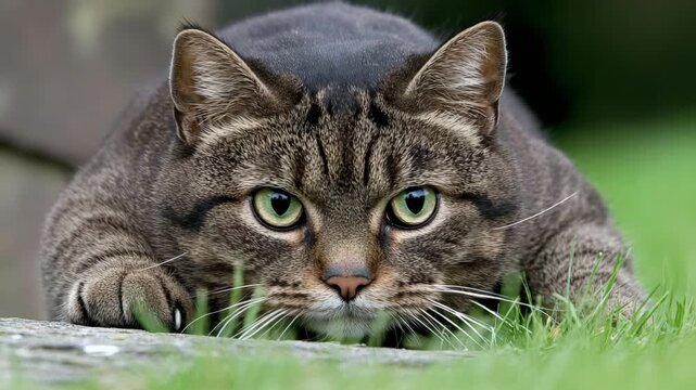 Cat crouching in grass preparing to pounce on potential prey near a stone wall during daylight hours