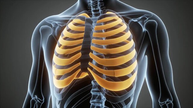 Ultra-pristine anatomical visualization of the human ribcage with precise skeletal arc contouring, delivering a clean cinematic medical visual for thoracic, skeletal, and health-tech use.