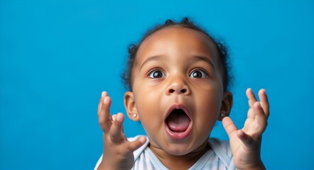 Excited toddler with curly hair expressing joy and surprise, hands raised in excitement against a vibrant blue background, capturing the essence of childhood wonder and emotion