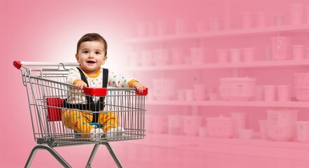 Happy infant sitting in a shopping cart with colorful clothing, surrounded by a bright pink background and shelves filled with various containers, showcasing a playful shopping experience