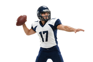 Fototapeta premium American Football Player Throwing Ball in Navy and White Uniform