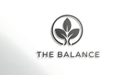 Modern minimalist logo design for "The Balance" with leaf icon in circle - 3D grey branding for wellness and nature-based business
