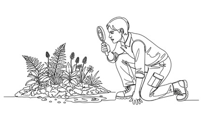 High-Quality Black Continuous Line Art of Environmental Scientist Studying Plants and Ecosystems with Magnifying Glass
