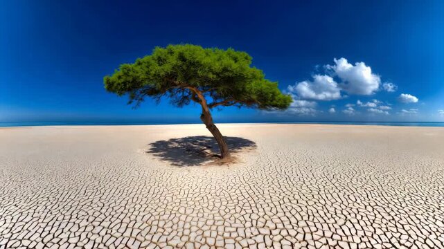 Desert scene with a single green tree under a blue sky and white clouds near a dry landscape at midday