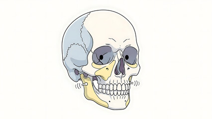 Comprehensive anatomical illustration of the human skull, detailing bone structure and temporomandibular joint for medical and educational purposes