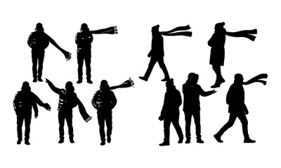 Winter comfort concept people silhouettes with flying scarves