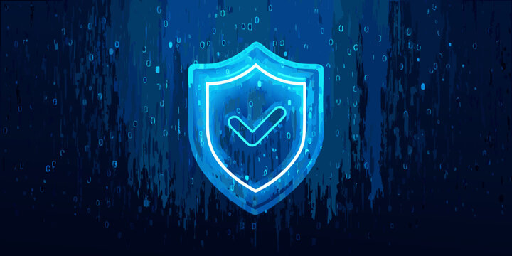 Glowing shield with checkmark symbol against a digital binary code background