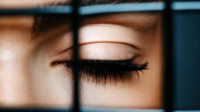 Close-up view of a blue eye looking through a grid structure in a bright environment during daytime