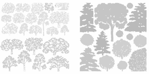 A collection of grayscale tree silhouettes arranged in distinct groupings