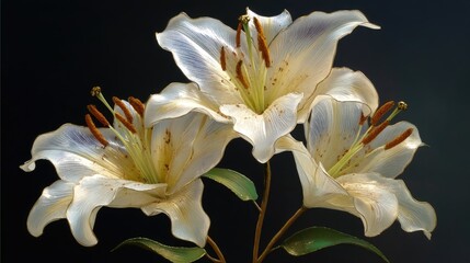 Beautiful white lilies blooming against a dark background.