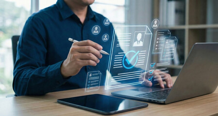 Digital invoice processing, billing management. man using laptop to managing payment, checklist financial workflow, electronic statements. Online invoice processing and tax accounting solutions.